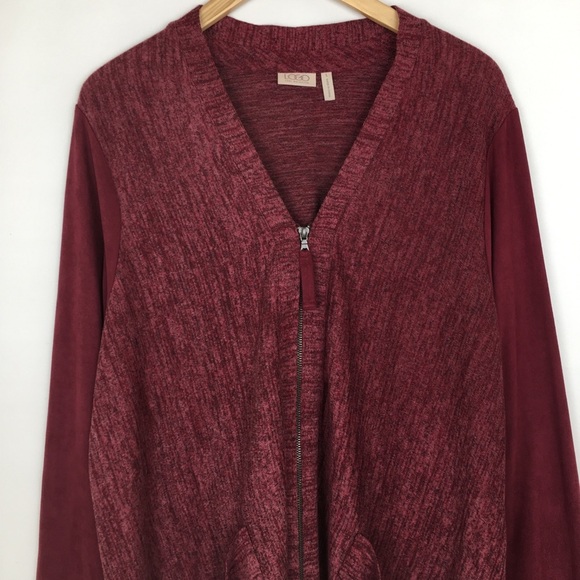 LOGO Lori Goldstein Women’s Asymmetric Cardigan Sweater Size L Maroon Full Zip - Picture 3 of 11